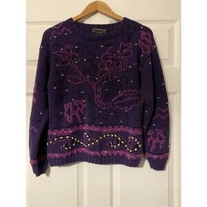 VTG Carole Little for Saint-Tropez West purple floral hand knit sweater size M